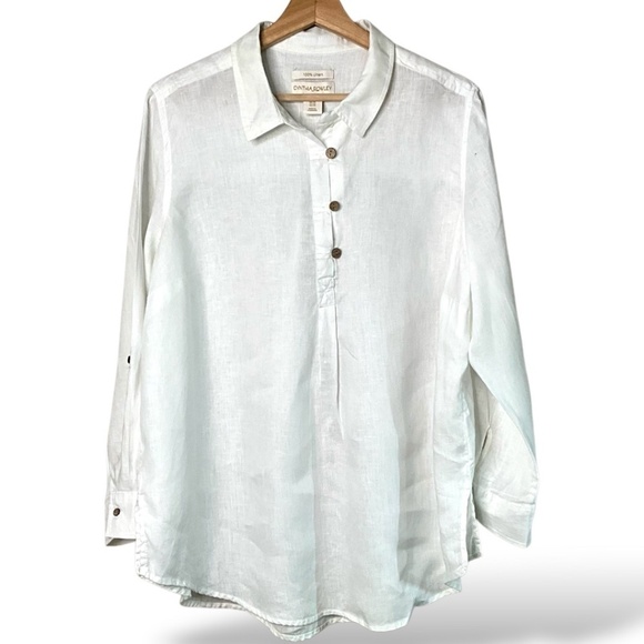 CYNTHIA ROWLEY 100% Linen Long Sleeve Blouse 3 Button Close Roll Tab Sleeves 1X - Picture 3 of 9